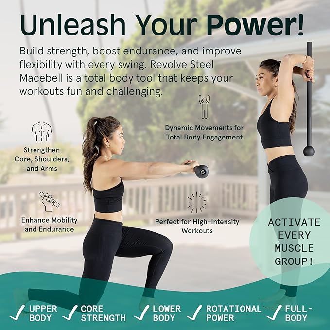 Retrospec Revolve Steel Macebell for Strength Training, Rehabilitation, Stretching, Conditioning and Rotational Training - 5, 7, 10, 15, 20, 30lb Options for Women & Men-GravixFit