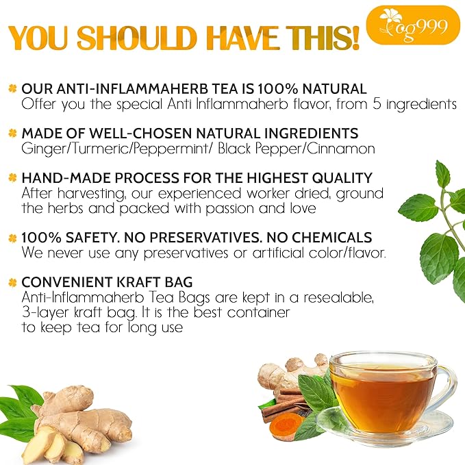 120 Tea Bags - Anti-Inflammaheb Loose Leaf Tea, 100% Natural from Ginger, Turmeric, Peppermint, Black Pepper, Cinnamon. Made with Natural Material Tea Bags. No Sugar, No Caffeine, No Gluten, Vegan.-GravixFit