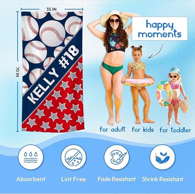 Personalized Beach Towel With Name, Custom Beach Towel with Text, Customized Microfiber Pool Towel, Quick Dry & Absorbent Swim Towel for Adult,Anniversary, Birthday, Summer Holiday,Vacation,Baseball-GravixFit