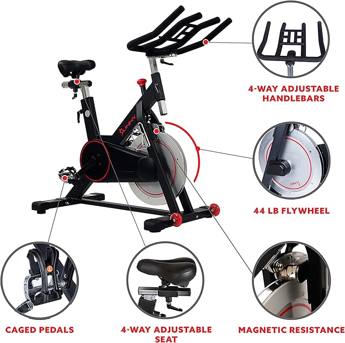 Sunny Health & Fitness Magnetic Exercise Bike, 44LB Flywheel & 300LB Weight Capacity for Intensive Home Workout, Indoor Cardio Training w/4-Way Adjustable Seat, Optional Free SunnyFit App Connection