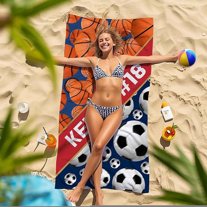 Personalized Beach Towel With Name, Custom Beach Towel with Text, Customized Basketball Football Microfiber Pool Towel, Quick Dry & Absorbent Swim Towel for Adult,Anniversary, Birthday, Summer Holiday-GravixFit