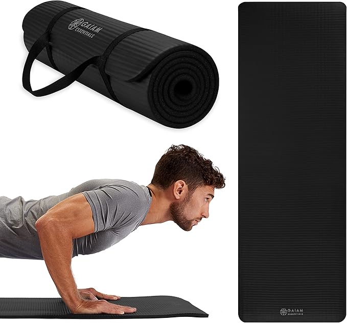 Gaiam Essentials Thick Yoga Mat Fitness & Exercise Mat with Easy-Cinch Yoga Mat Carrier Strap, 72"L x 24"W x 2/5 Inch Thick-GravixFit