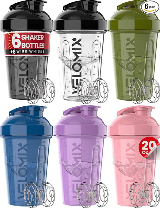 '-6 PACK- Shaker Cups for Protein Shakes 20 oz - 6x Wire Whisk | Leak Proof Protein Shaker Bottle for Protein Shakes, Shaker Bottle Pack for Pre & Post Workout, Shaker Cup (Muted Contrast)-GravixFit