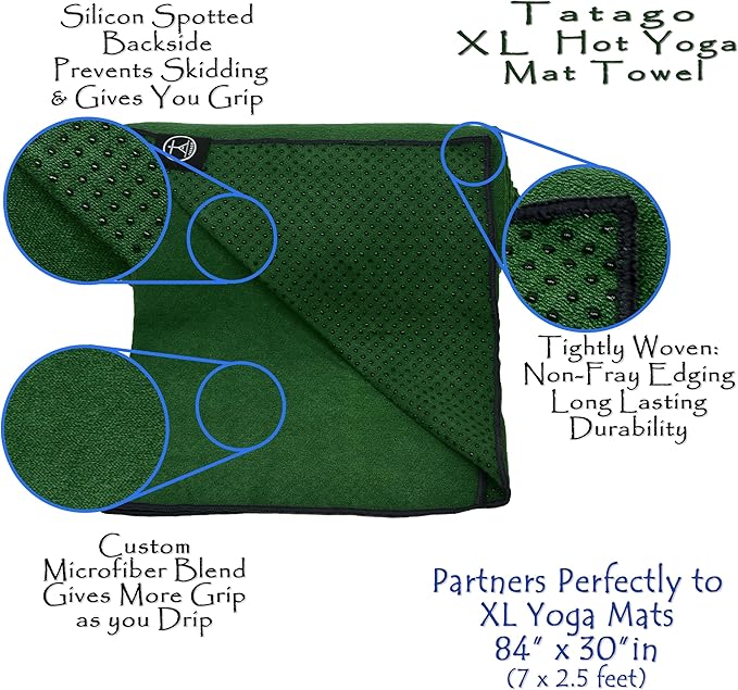 Tatago Hot Yoga Mat Towel Non Slip for Hot Yoga (72-84 inch Mats) Our Hot Yoga Towel Non Slip Silicone Dabs & Absorbent Microfiber Blend Gives You More Grip As You Drip! (Ezmeraldo, XL - 84")-GravixFit