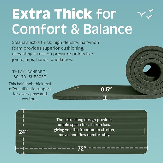 Retrospec Solana Yoga Mat 1/2" Thick w/Nylon Strap for Men & Women - Non Slip Exercise Mat for Yoga, Pilates, Stretching, Floor & Fitness Workouts-GravixFit