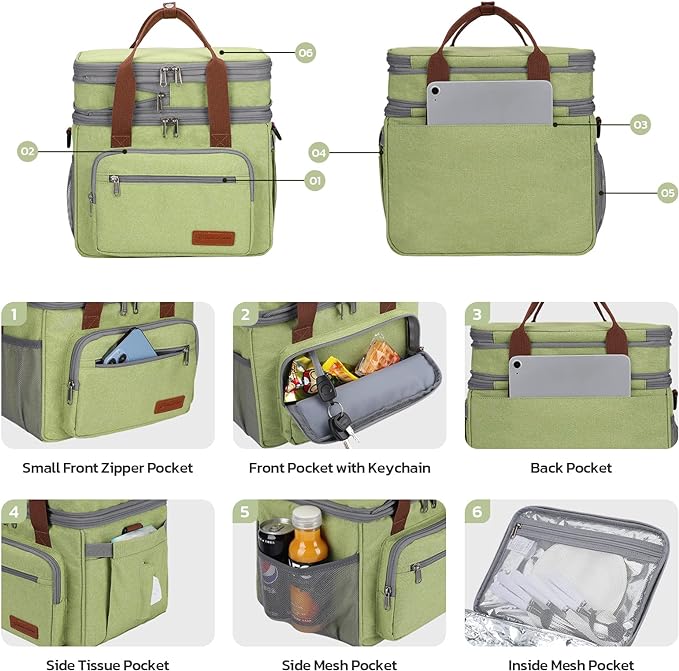 Maelstrom Lunch Bag Women,23L Insulated Lunch Box For Men Women,Expandable Double Deck Lunch Cooler Bag,Lightweight Leakproof Lunch Tote Bag With Side Tissue Pocket,Green-GravixFit