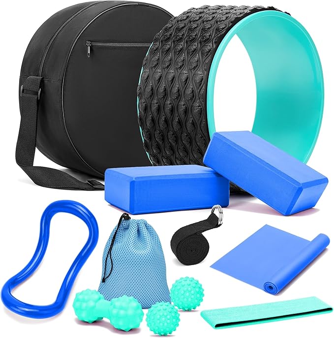 Yoga Wheel Set, Wheel Foam Roller with Back Cracker Roller for Pain Relief & Deep Tissue Massage and Stretching 500lbs Capacity, Trigger Point Therapy Massage Ball, Yoga Blocks 2 Pack with Strap-GravixFit