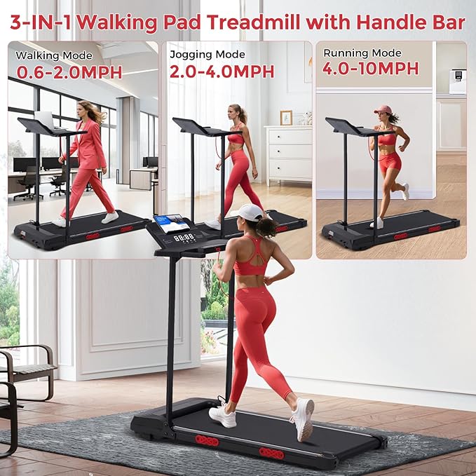 Treadmill with Handles, Folding Foldable Electric Treadmills for Home Small, 3.0HP Walking Pad Treadmills with Handle Bar, 3 in 1 Under Desk Treadmill with Remote Control, LED Display, 300LBS Capacity