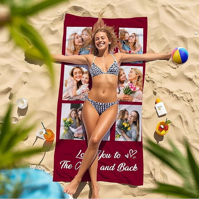 JML Mothers Day Birthday Gifts for Mom from Daughter Son, Personalized Beach Towel with Photo, Custom Beach Towel Gift for Mommy, Grandma, Women, Wife Anniversary Family Day, Summer, Holiday-GravixFit