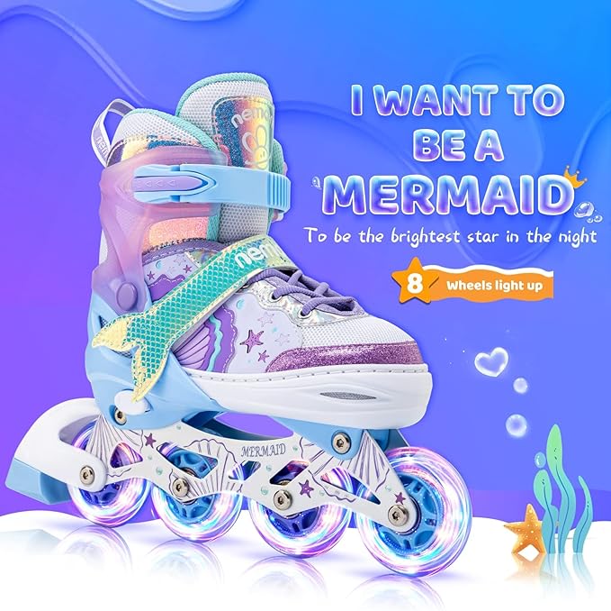 NEMONE Mermaid Inline Skates, 4 Sizes Adjustable Skates for Girls Kids with Light up Wheels, Indoor Beginner Outdoor for Kids Ages 4-6 5-8 6-12 8-12-GravixFit