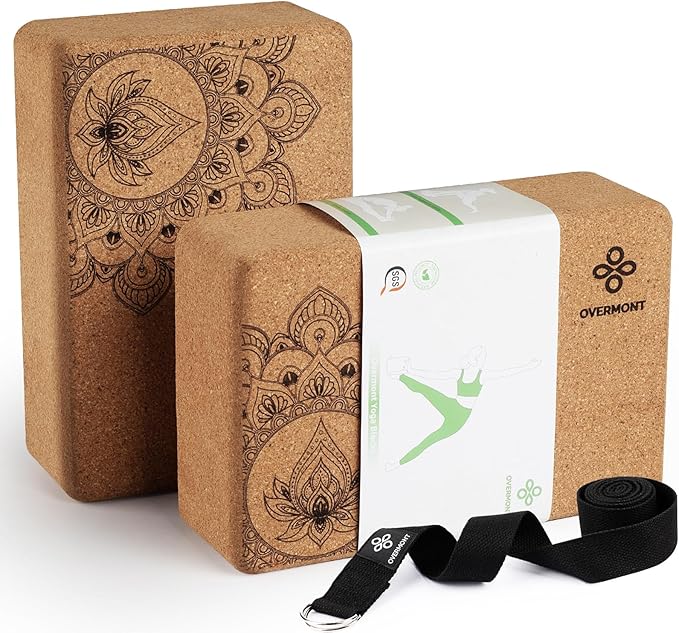 Overmont Cork Yoga Blocks 2 pack with 8ft Strap Natural Cork Bricks- High Density & Eco Friendly Yoga Accessories for Women - Ideal for Yoga Pilates General Fitness and Stretching 9x6x3''-GravixFit
