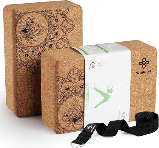 Overmont Cork Yoga Blocks 2 pack with 8ft Strap Natural Cork Bricks- High Density & Eco Friendly Yoga Accessories for Women - Ideal for Yoga Pilates General Fitness and Stretching 9x6x3''-GravixFit