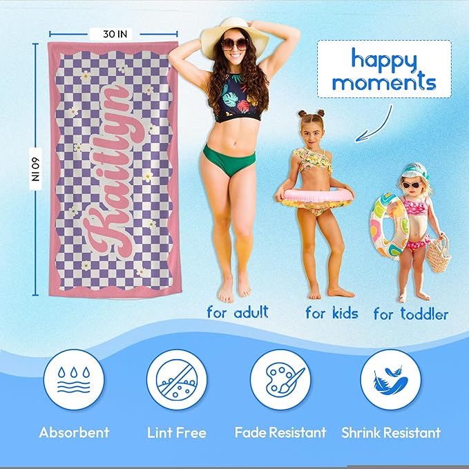 JML Personalized Beach Towel with Name, Custom Flower Beach Towel, Customized Microfiber Pool Towel, Quick Dry & Absorbent Swim Towel for Adult,Anniversary, Birthday, Summer Holiday,Vacation-GravixFit