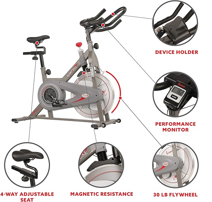 Sunny Health & Fitness Indoor Cycling Exercise Bike w/Pulse Sensors & 4-Way Adjustable Seat, Stationary Home Cardio Training Machine w/Micro-Adjustable Magnetic Resistance for Intensive Cardio Session