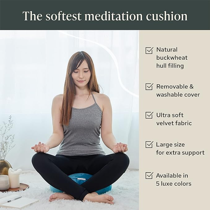Mindful & Modern Velvet Meditation Cushion | Luxe Zafu Yoga Floor Pillow Seat | Posture Support | Buckwheat Hull Filled | Large Round Cushion with Removable Washable Cover + Carry Handle | Color Teal-GravixFit