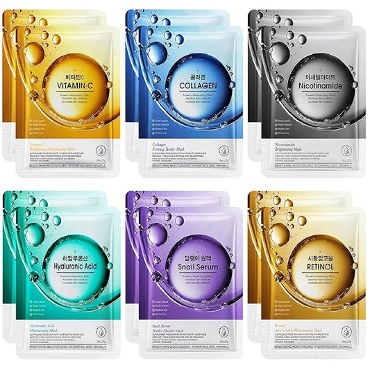 12 Pack Sheet Face Masks Skincare (Collagen, Hyaluronic acid, Snail, Retinol, Vitamin C, Niacinamide) Collagen Face Mask Hydrating Face Masks for Women Skin Care, Moisturizing, Brightening, Anti-Aging-GravixFit