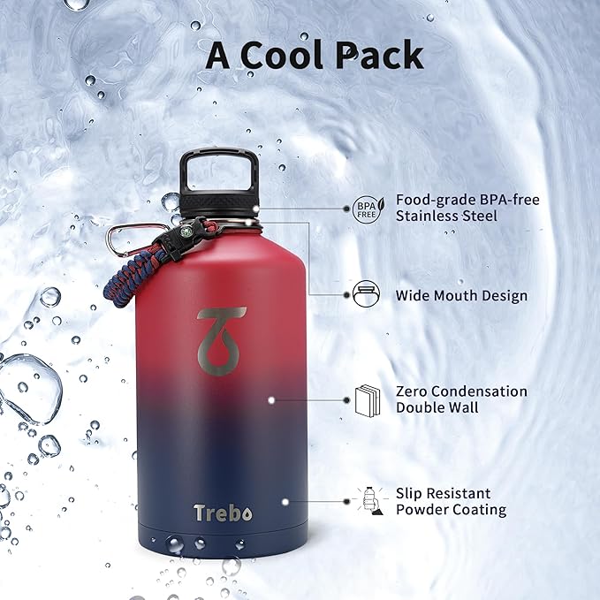 Trebo 1 Gallon Water Bottle Insulated with Paracord Handle and Straw,128oz Vacuum Double Wall Stainless Steel Large Jug,Keep Ice Cold 48hrs, Leakproof Sports Gym Flask for Men Women, Ruby Red-GravixFit