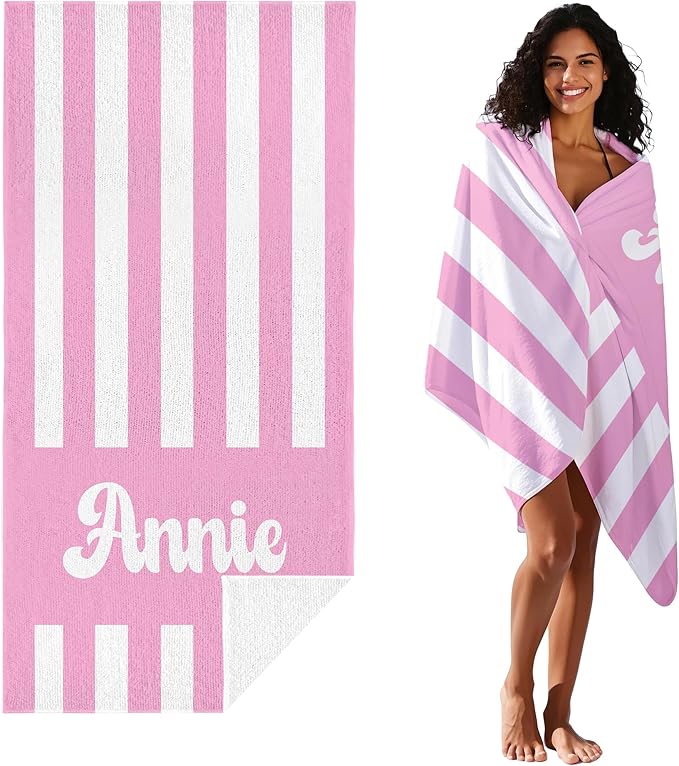 JML Personalized Beach Towel with Name, Custom Cabana Stripe Beach Towel, Customized Microfiber Pool Towel, Quick Dry & Absorbent Swim Towel for Adult,Mother's Day, Birthday, Summer Holiday,Vacation-GravixFit