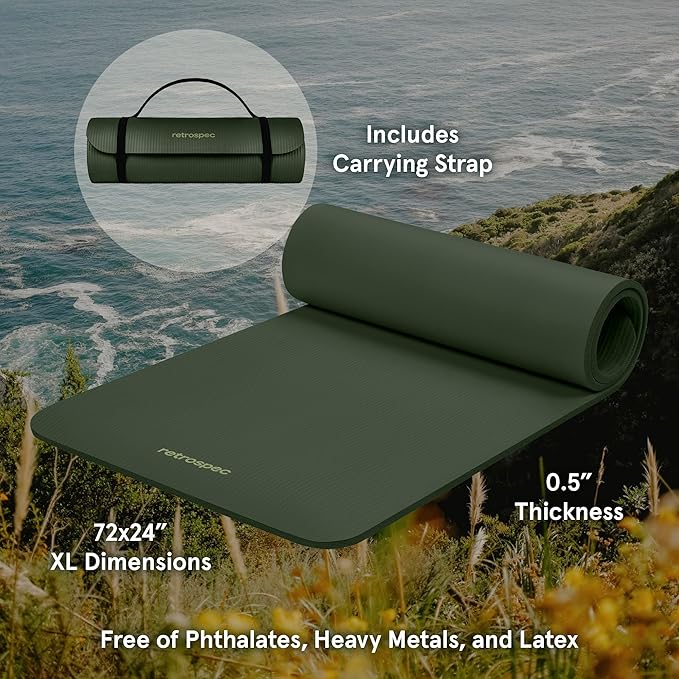 Retrospec Solana Yoga Mat 1/2" Thick w/Nylon Strap for Men & Women - Non Slip Exercise Mat for Yoga, Pilates, Stretching, Floor & Fitness Workouts-GravixFit