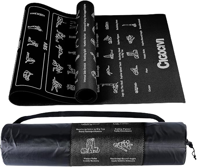 Instructional Travel Yoga Mat with 75 Poses & Exercises - Non-slip Exercise Mat for Home Workout, Includes Carrying Bag - Perfect for Beginners, 68"x24"x0.25"-GravixFit