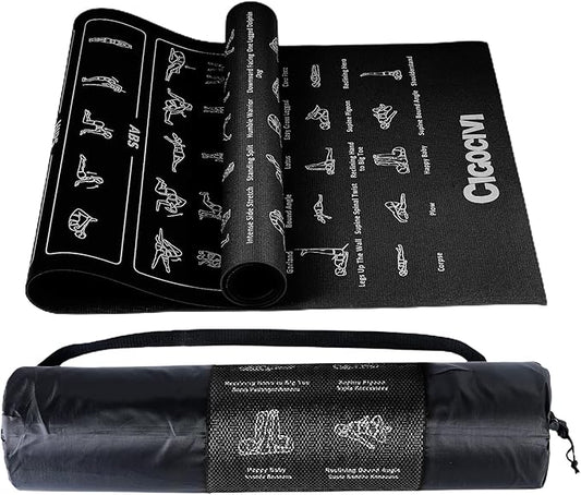 Instructional Travel Yoga Mat with 75 Poses & Exercises - Non-slip Exercise Mat for Home Workout, Includes Carrying Bag - Perfect for Beginners, 68"x24"x0.25"-GravixFit