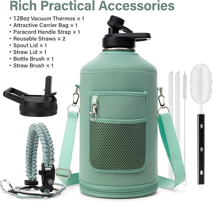 1 Gallon Water Bottle Insulated | Thickened Stainless Steel Vacuum Metal Water Jug | Portable Sports Large for Gym and Hiking with Straw, Carrier Bag, Handle Strap | BPA-Free 128 oz-GravixFit