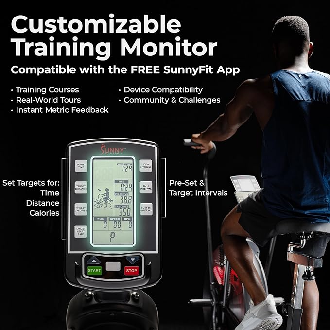 Sunny Health & Fitness Premium Smart Cross-Training Fan Bike, Air Resistance Cardio Machine w/330lb Capacity for Intensive Home Workout, Customizable Monitor w/Free SunnyFit App Connection-SF-B223018-GravixFit
