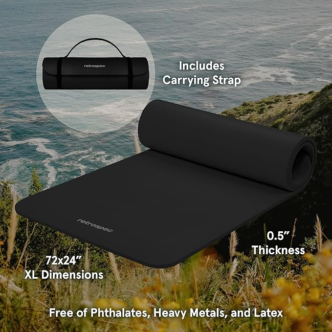 Retrospec Solana Yoga Mat 1/2" Thick w/Nylon Strap for Men & Women - Non Slip Exercise Mat for Yoga, Pilates, Stretching, Floor & Fitness Workouts-GravixFit