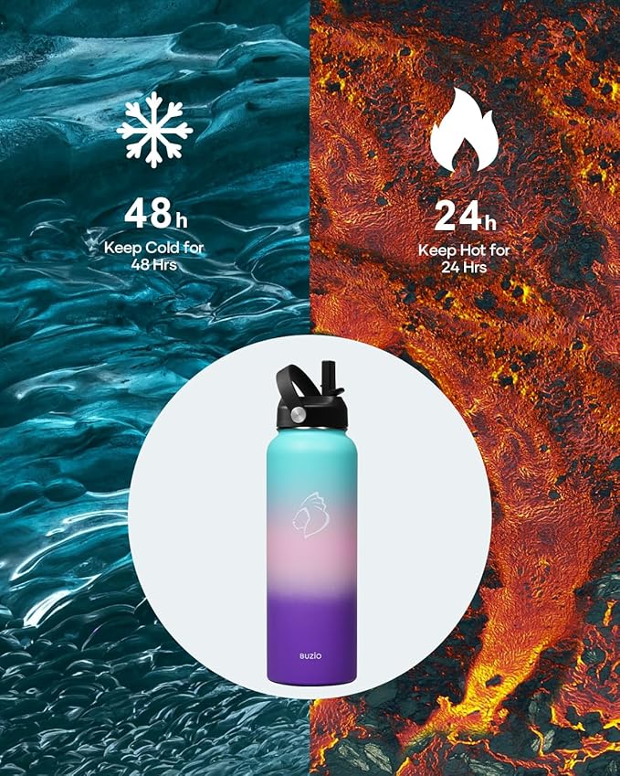 BUZIO 40oz Insulated Water Bottle, Stainless Steel Double Wall Water Flask (Cold for 48 Hrs) Leak Proof Sports Bottles Jug with Straw Lid and Flex Cap Metal Canteen for Gym Travel Camping, Hydrangea-GravixFit