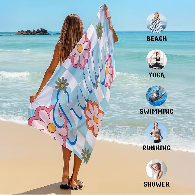 JML Personalized Beach Towel with Name, Custom Flower Beach Towel, Customized Microfiber Pool Towel, Quick Dry & Absorbent Swim Towel for Adult,Anniversary, Birthday, Summer Holiday,Vacation-GravixFit