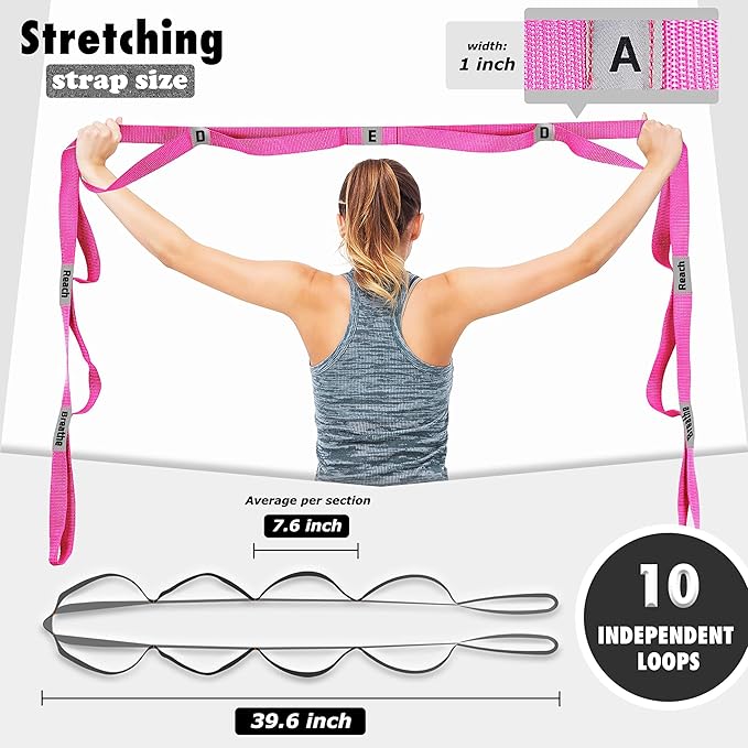 Stretching Strap Yoga Strap with 10 Loops, Non-Elastic Stretch Band for Physical Therapy, Flexibility, Exercise, Pilates, Dance & Gymnastics Workout-GravixFit