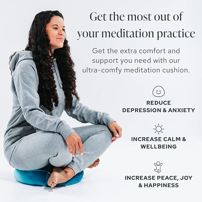 Mindful & Modern Velvet Meditation Cushion | Luxe Zafu Yoga Floor Pillow Seat | Posture Support | Buckwheat Hull Filled | Large Round Cushion with Removable Washable Cover + Carry Handle | Color Teal-GravixFit
