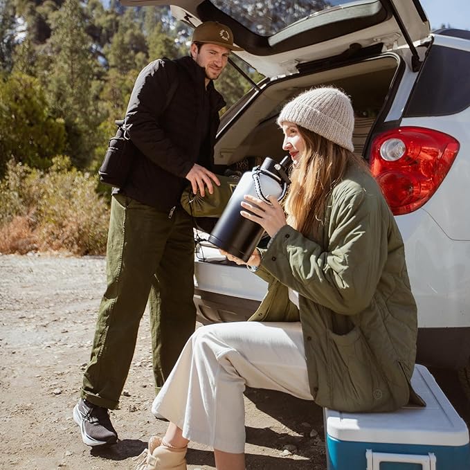 Insulated Water Bottle 64oz,Triple Wall Vacuum Stainless Steel(Dishwasher Safe),Leak Proof & Non-BPA,Flask Jug with Paracord Handle & Straw Spout Lids Sports-GravixFit