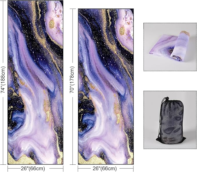 QIYI Large Yoga Mat Towel with Corner Pockets, Non Slip Sweat Absorbent Hot Yoga Towels, Soft Yoga Blankets with Travel Bag, Skidless Mat Cover for Workout, Gym, Fitness - 74"x26", Purple & Pink Grain-GravixFit