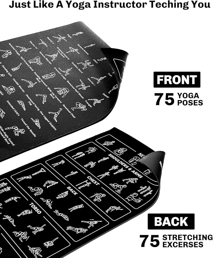 Instructional Travel Yoga Mat with 75 Poses & Exercises - Non-slip Exercise Mat for Home Workout, Includes Carrying Bag - Perfect for Beginners, 68"x24"x0.25"-GravixFit