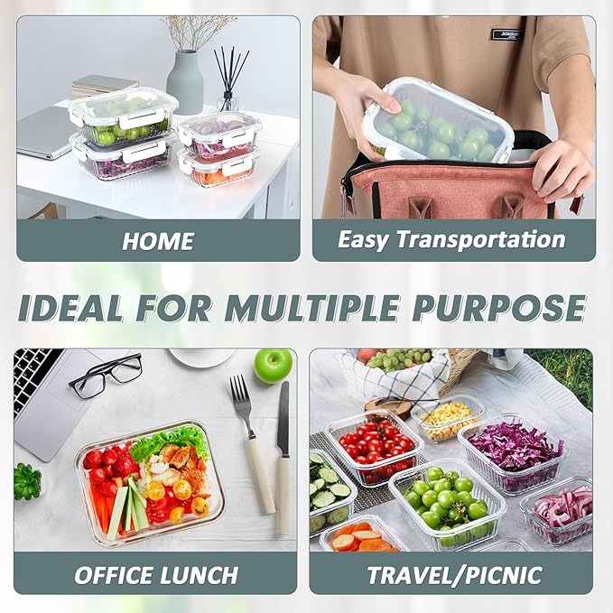 10 Packs Glass Food Storage Containers Set, Glass Meal Prep Containers with Lids, Airtight Lunch Containers, Microwave, Oven, Freezer and Dishwasher Safe, White-GravixFit