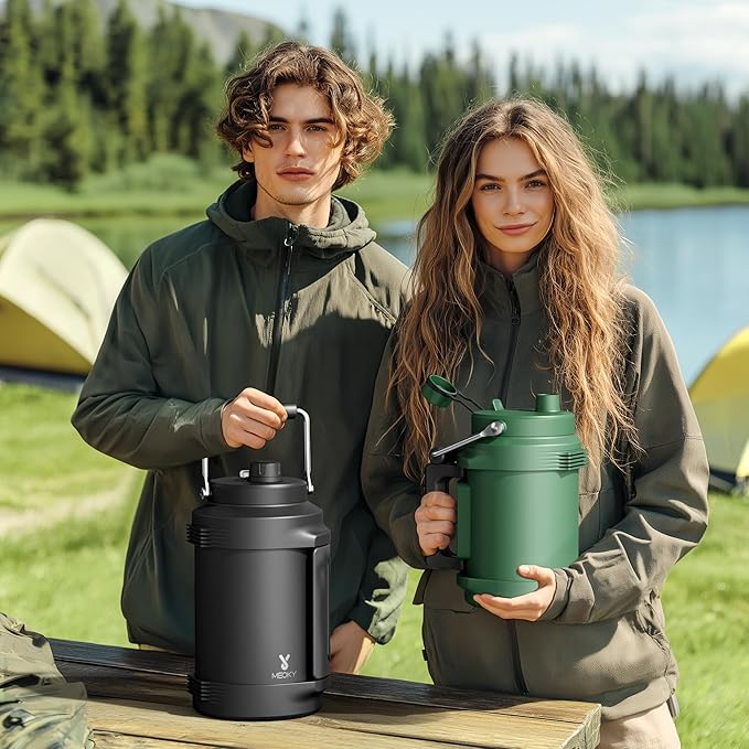 Meoky 1 Gallon Insulated Water Bottle for Travel 128 oz Triple Wall Vacuum Stainless Steel Water Jug - Top and Side Handles, Cold for 48 Hrs, 2-in-1 Straw and Spout Lid, Leak Proof for Work (Silver)-GravixFit