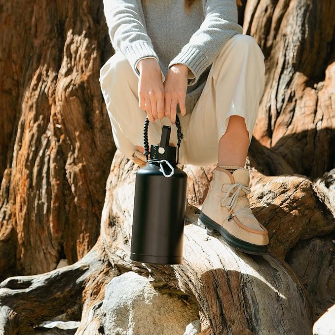 Insulated Water Bottle 64oz,Triple Wall Vacuum Stainless Steel(Dishwasher Safe),Leak Proof & Non-BPA,Flask Jug with Paracord Handle & Straw Spout Lids Sports-GravixFit