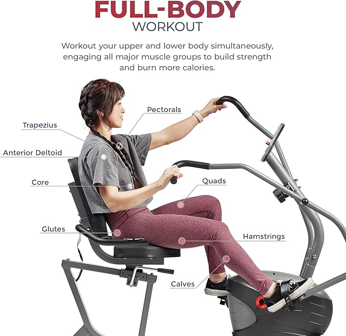 Sunny Health & Fitness Smart Recumbent Bike, Full-Body Home Training with Arm/Leg Exercisers, Indoor Cycling Workout Machine Plus Adjustable Seat & Bulit-in Pulse Sensors, Free SunnyFit App Connection-GravixFit