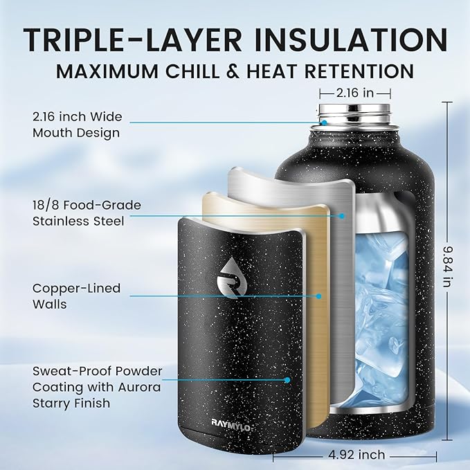 64oz Insulated Water Bottle, Triple Wall Vacuum Stainless Steel Water Bottles - Keeps Cold 48H, Reusable Half Gallon Jug for Gym, Sports, Camping, Hiking,Travel, Black Speckled-GravixFit