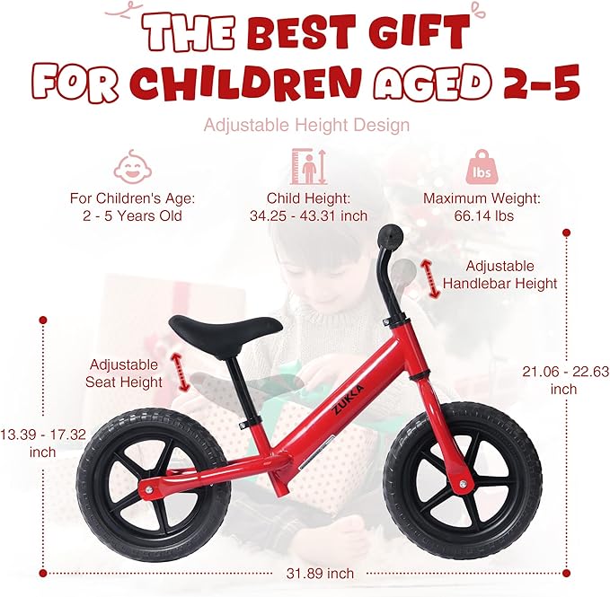 12 inch Toddler Balance Bike Adjustable Handlebar & Seat Anti-Slip Grip Suitable for 2-5 Years Old with Footrest Lightweight for Tolddlers Boys Girls Multiple Colors to Choose-GravixFit