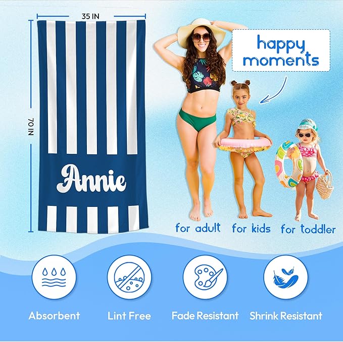 JML Personalized Beach Towel with Name, Custom Cabana Stripe Beach Towel, Customized Microfiber Pool Towel, Quick Dry & Absorbent Swim Towel for Adult,Mother's Day, Birthday, Summer Holiday,Vacation-GravixFit