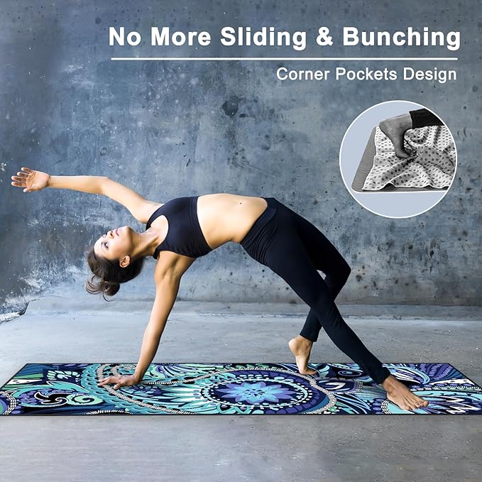 QiyI Yoga Mat Towel with Corner Pockets, Non Slip Sweat Absorbent Hot Yoga Towels, Soft Yoga Blankets with Travel Bag, Skidless Mat Cover for Workout, Gym, Fitness - 70"x26", Vintage Paisley-GravixFit