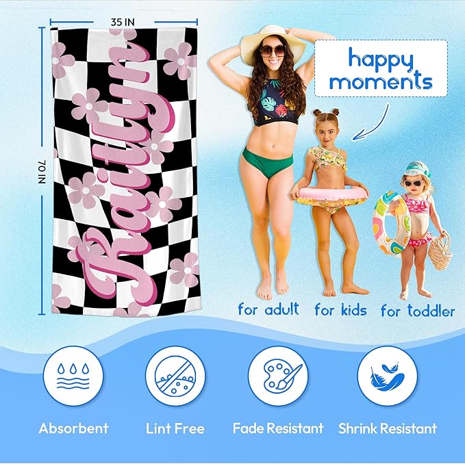 JML Personalized Beach Towel with Name, Custom Flower Beach Towel, Customized Microfiber Pool Towel, Quick Dry & Absorbent Swim Towel for Adult,Mother's Day, Birthday, Summer Holiday,Vacation-GravixFit