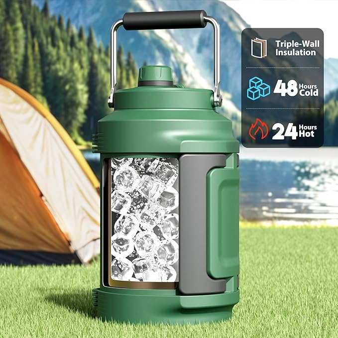 1 Gallon Insulated Water Bottle for Hiking: Meoky 128 oz Triple Wall Vacuum Stainless Steel Metal Water Jug - Top and Side Handles, Cold for 48 Hrs, 2-in-1 Straw and Spout Lid, Leakproof for Gym (Fir)-GravixFit