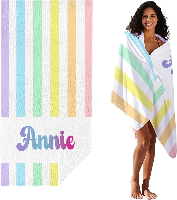 JML Personalized Beach Towel with Name, Custom Rainbow Cabana Stripe Beach Towel, Customized Microfiber Pool Towel, Quick Dry & Absorbent Swim Towel for Adult,Anniversary, Birthday, Summer Holiday-GravixFit