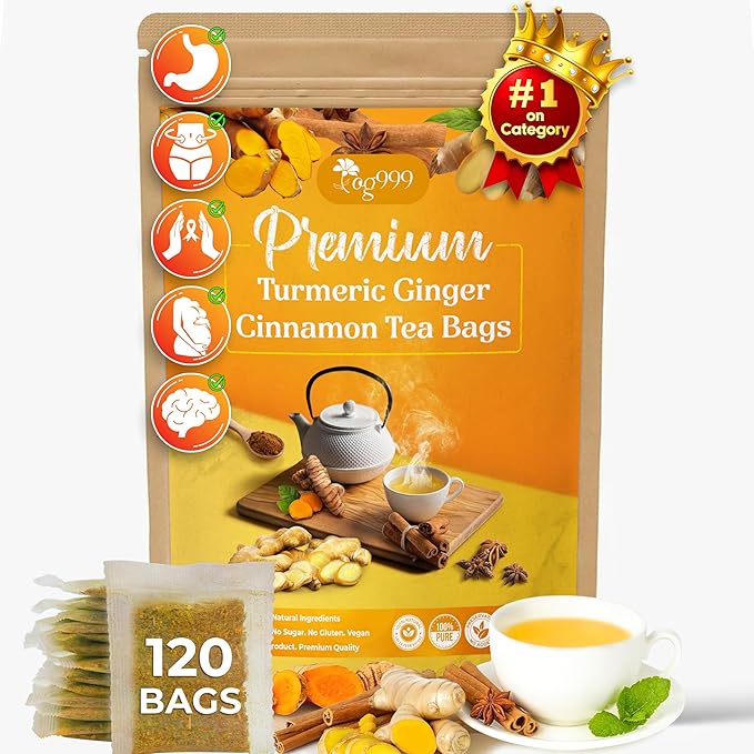 120 Bags Premium Turmeric Ginger Cinnamon Tea, Improve Digestion, Support Brain, Weight, Skin and Sleep, Eco-Conscious Tea Bags and Premium Natural Ingredients. Turmeric Ginger Herbal Tea. No Sugar, No Caffeine, No Gluten, Vegan.-GravixFit