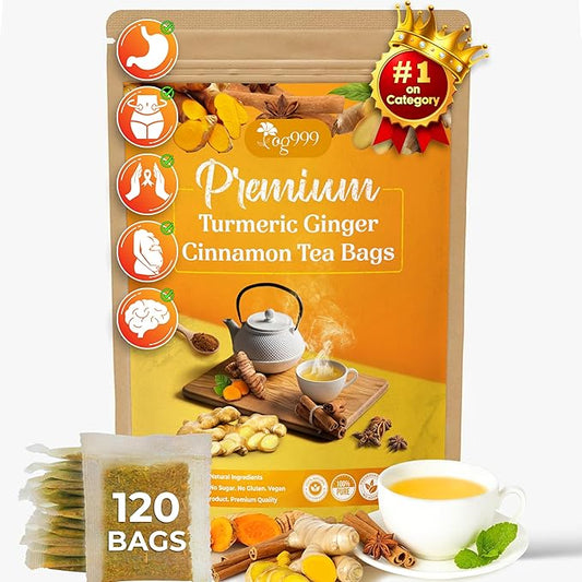 120 Bags Premium Turmeric Ginger Cinnamon Tea, Improve Digestion, Support Brain, Weight, Skin and Sleep, Eco-Conscious Tea Bags and Premium Natural Ingredients. Turmeric Ginger Herbal Tea. No Sugar, No Caffeine, No Gluten, Vegan.-GravixFit