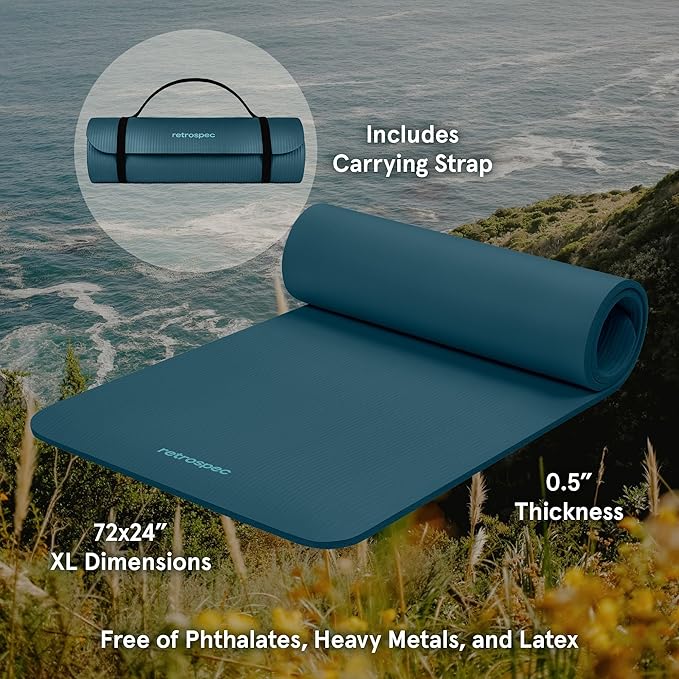 Retrospec Solana Yoga Mat 1/2" Thick w/Nylon Strap for Men & Women - Non Slip Exercise Mat for Yoga, Pilates, Stretching, Floor & Fitness Workouts-GravixFit