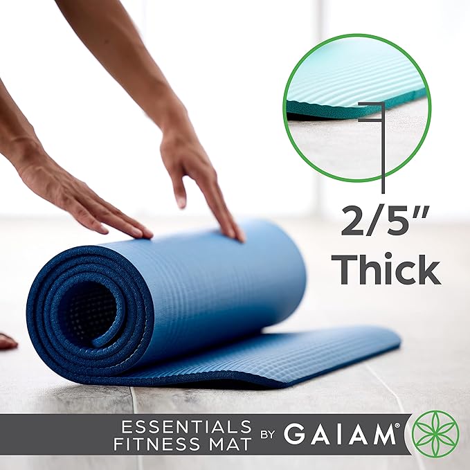 Gaiam Essentials Thick Yoga Mat Fitness & Exercise Mat with Easy-Cinch Yoga Mat Carrier Strap, 72"L x 24"W x 2/5 Inch Thick-GravixFit